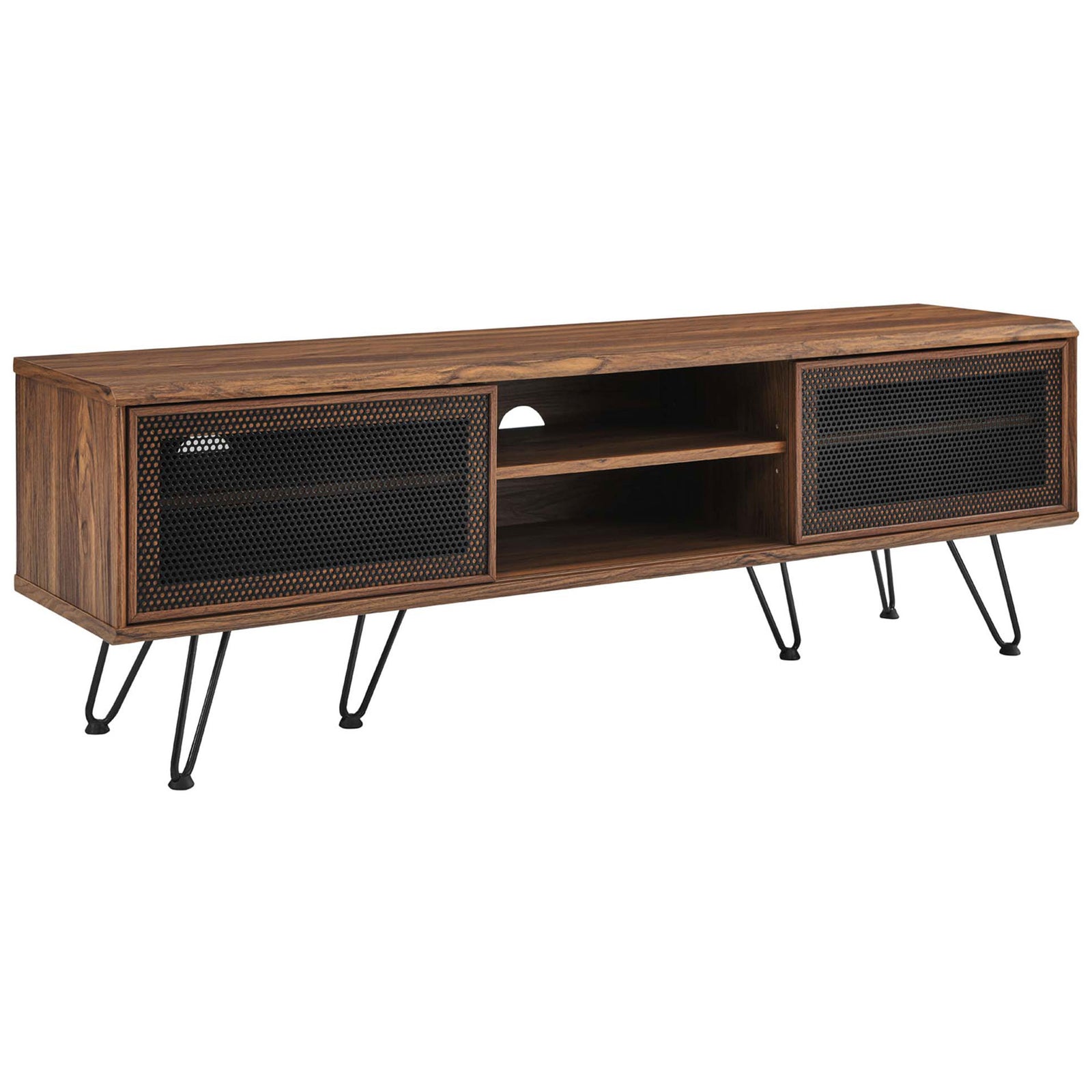 Walnut 59 inch TV console with sliding black mesh doors, open center shelves, and black metal hairpin legs || EEI-6203-WAL || front_angle_studio