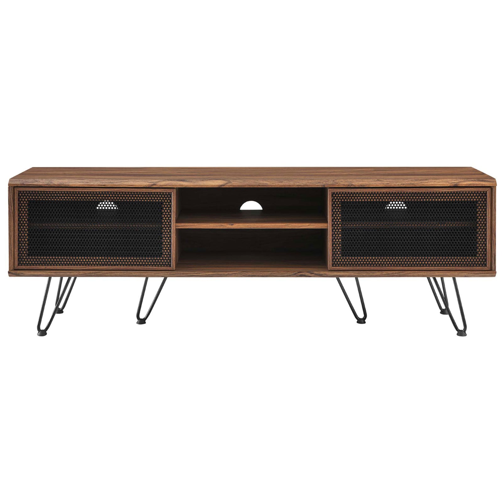 Walnut 59 inch TV stand with dual black mesh sliding doors, open center storage, and modern black hairpin legs || EEI-6203-WAL || front_studio