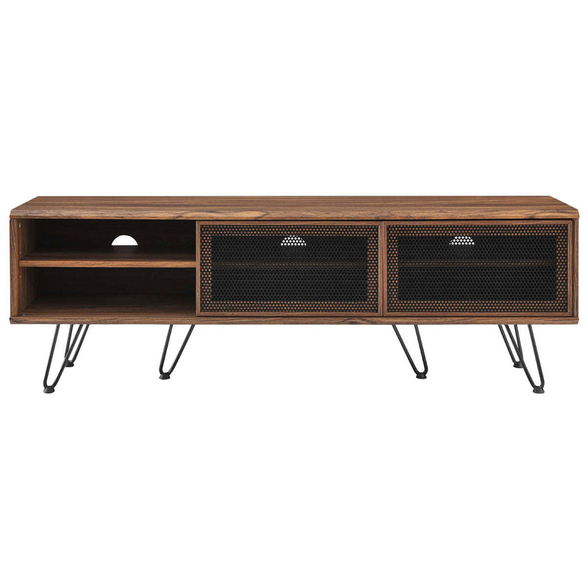 Walnut TV stand with left sliding mesh door open to reveal spacious shelving and rear cable management opening || EEI-6203-WAL || front_open_studio