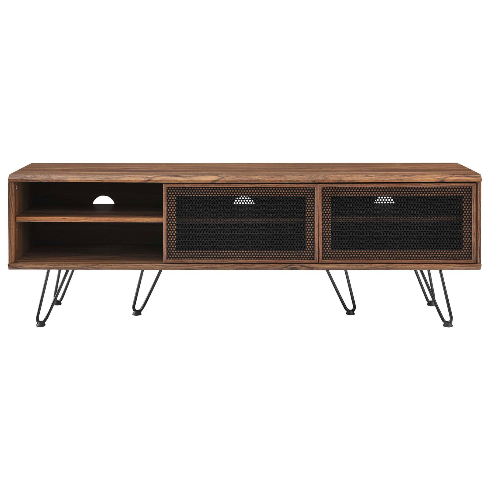 Walnut TV stand with left sliding mesh door open to reveal spacious shelving and rear cable management opening || EEI-6203-WAL || front_open_studio