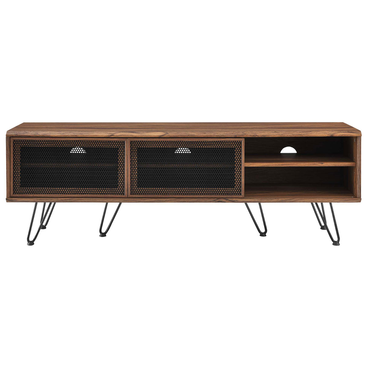 Walnut TV stand with right black mesh door open, showcasing adjustable media shelves and ventilation cutouts || EEI-6203-WAL || front_open_studio