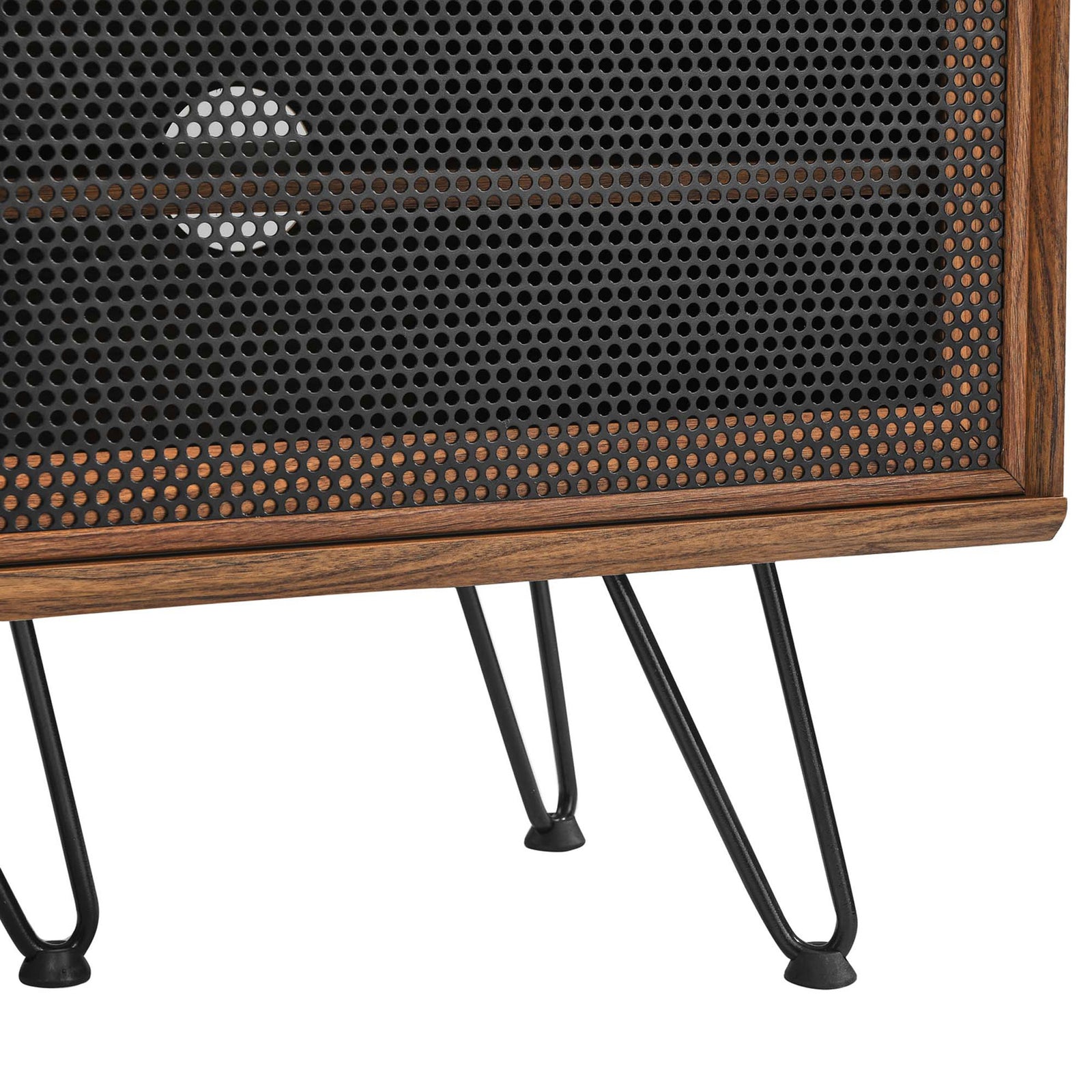 Walnut TV stand corner featuring perforated black mesh door, slim black hairpin leg, and stabilizing foot cap || EEI-6203-WAL || leg_studio