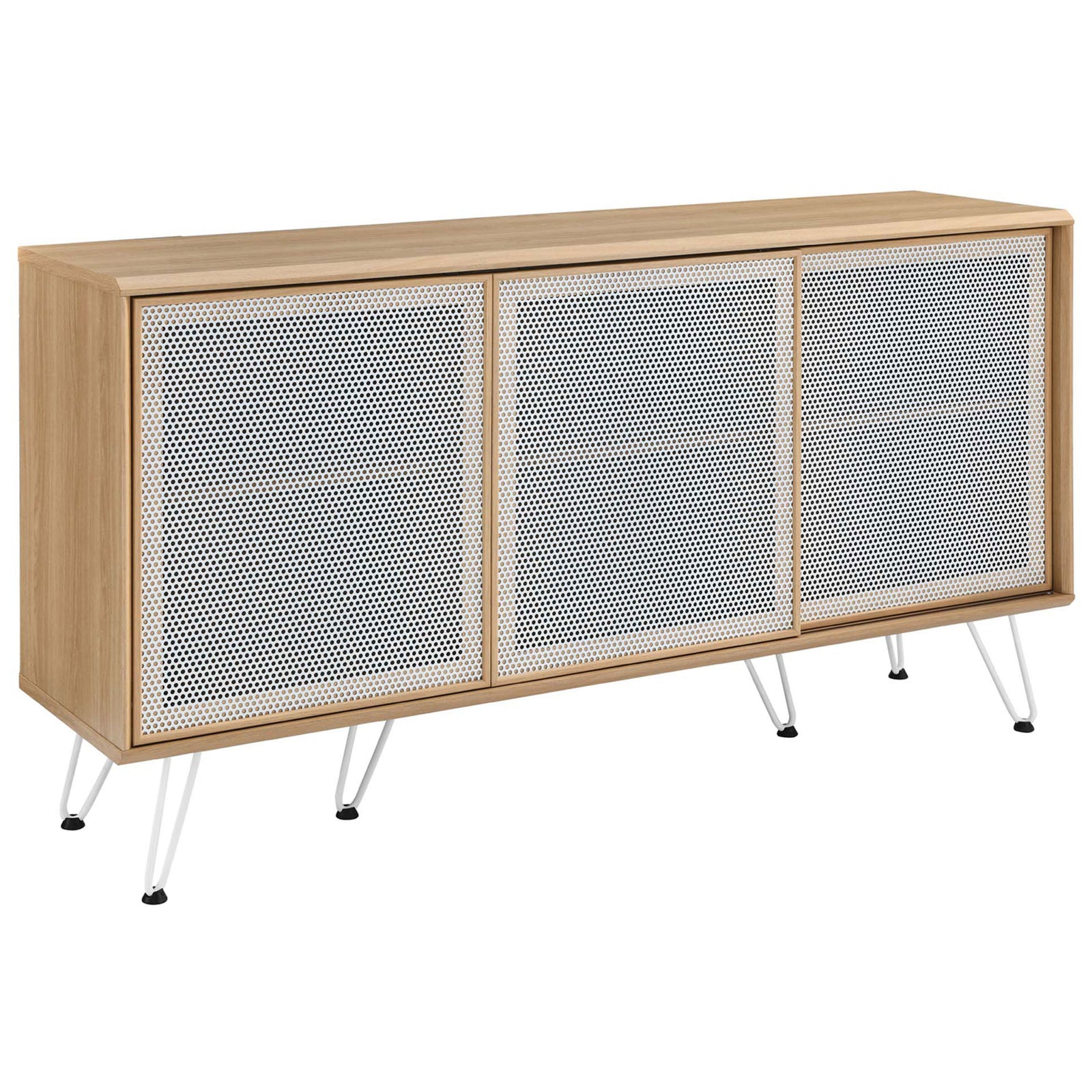 Oak sideboard with white perforated sliding doors and slender hairpin legs || EEI-6204-OAK || front_angle_studio