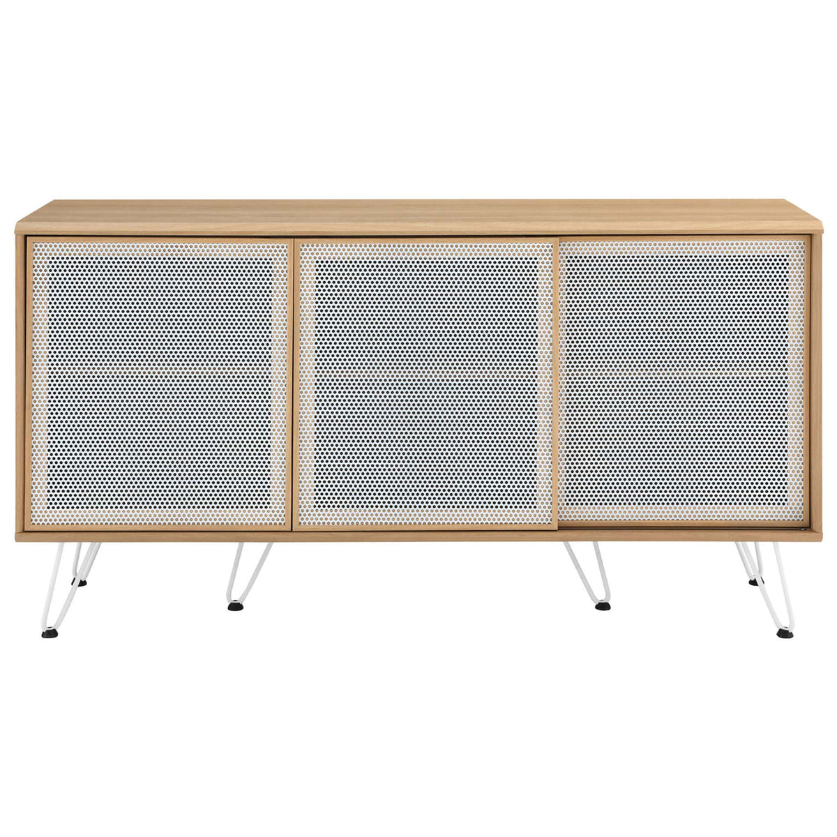 Modern oak sideboard with three white perforated sliding doors || EEI-6204-OAK || front_studio