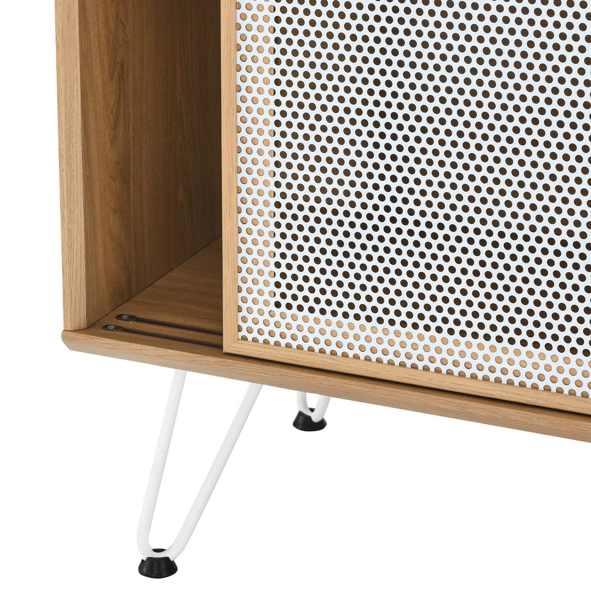 White hairpin leg and rounded oak frame detail on the sideboard || EEI-6204-OAK || leg_studio