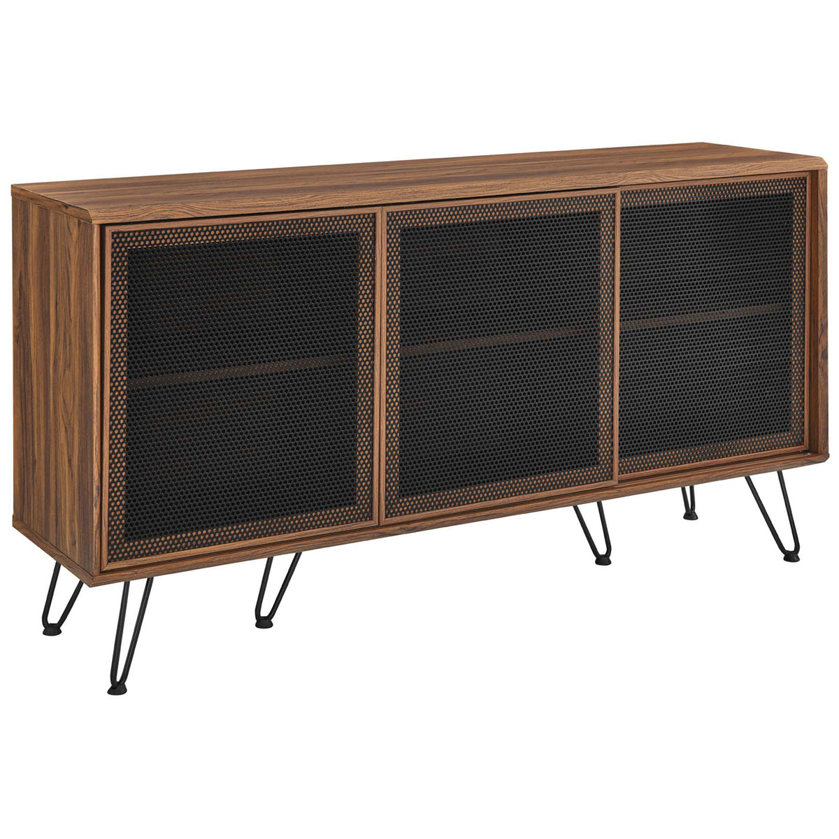 Walnut media sideboard combining warm wood grain with industrial black mesh doors and hairpin legs. || EEI-6204-WAL || front_angle_studio