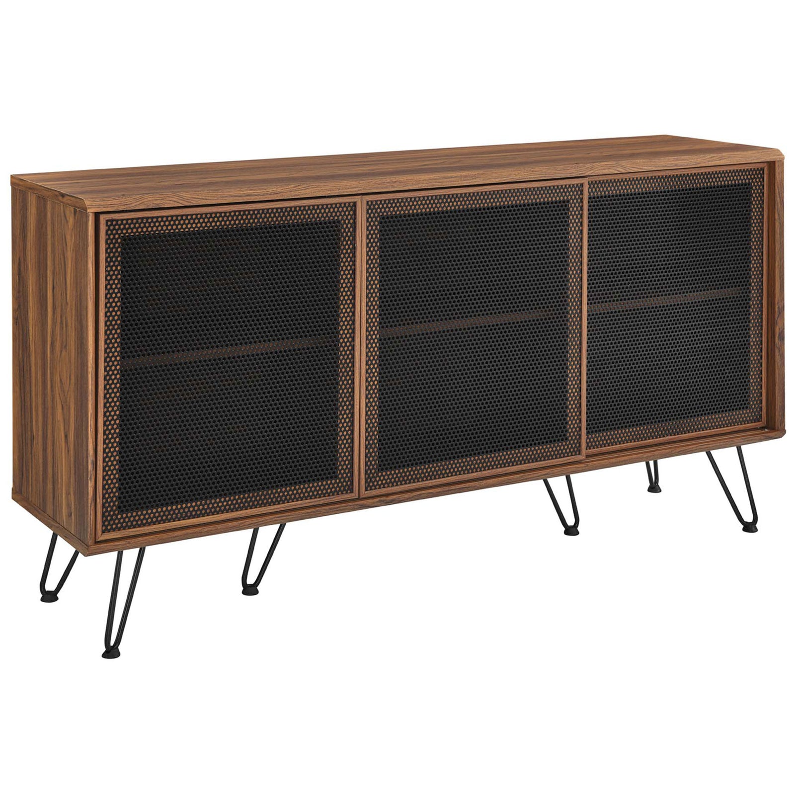Walnut media sideboard combining warm wood grain with industrial black mesh doors and hairpin legs. || EEI-6204-WAL || front_angle_studio