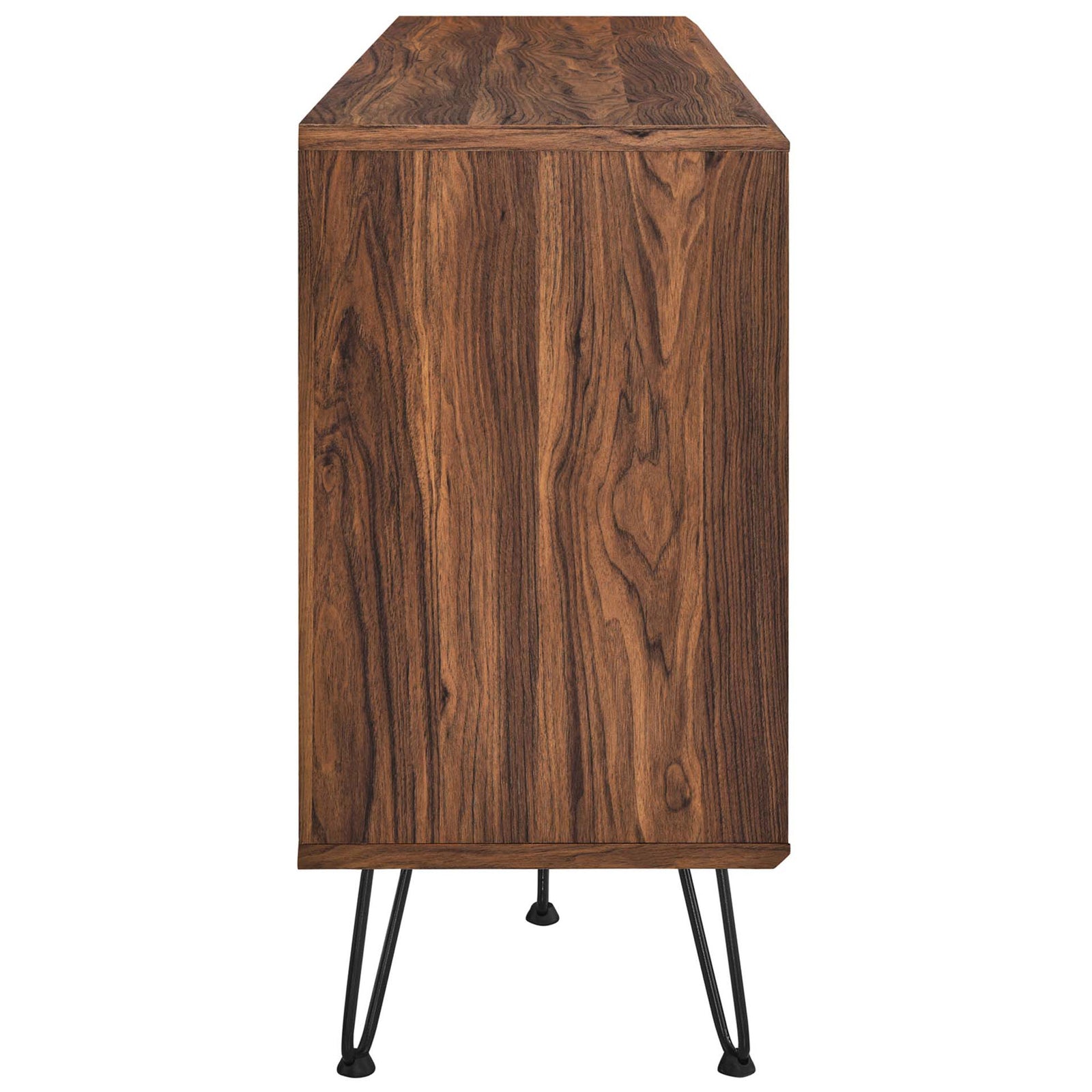 Walnut finish case highlighting the natural wood grain pattern and slim metal leg design. || EEI-6204-WAL || side_studio