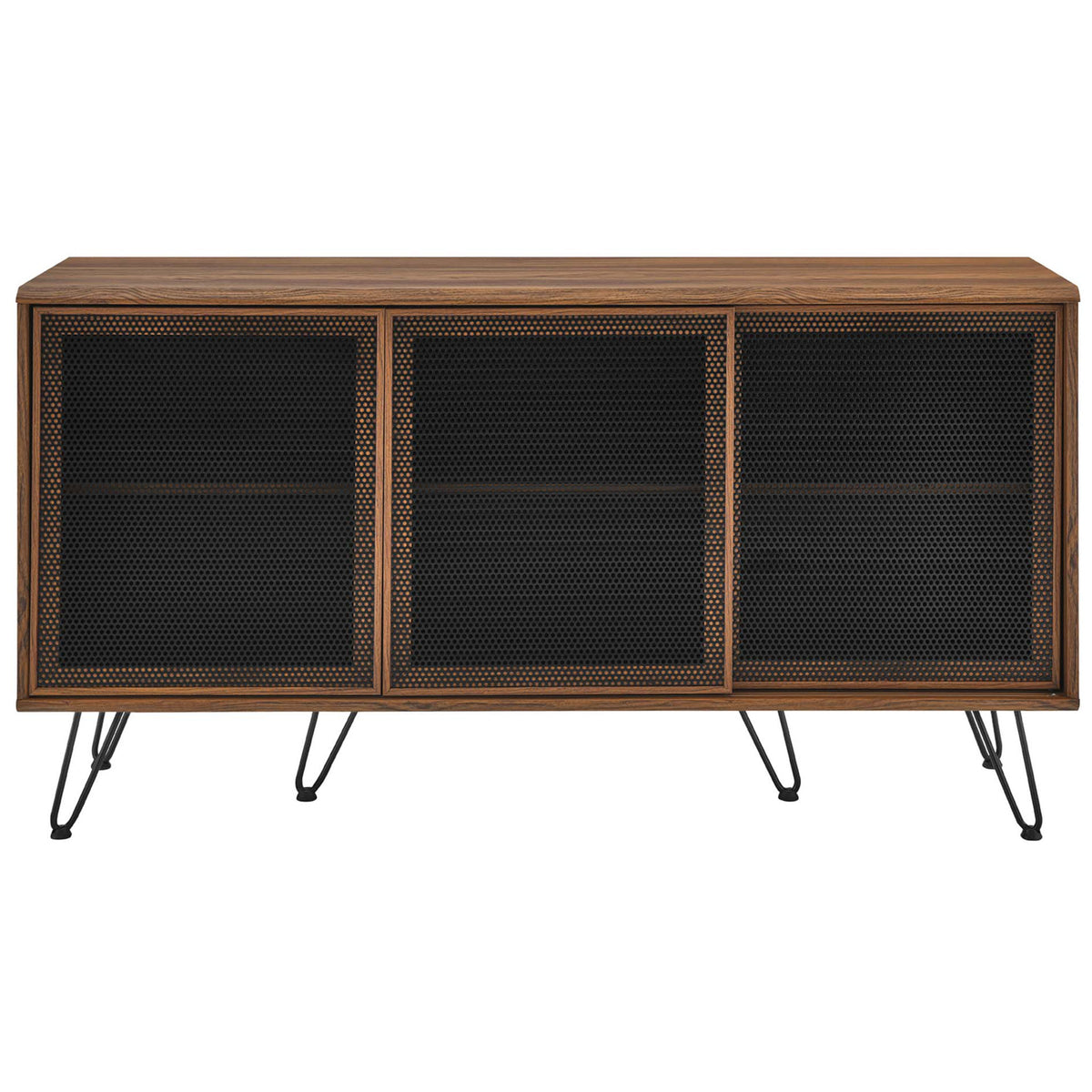 Walnut sideboard with three perforated mesh doors and sleek hairpin legs for modern storage. || EEI-6204-WAL || front_studio
