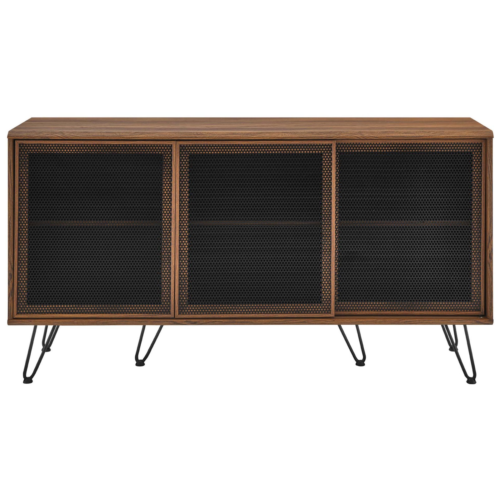 Walnut sideboard with three perforated mesh doors and sleek hairpin legs for modern storage. || EEI-6204-WAL || front_studio