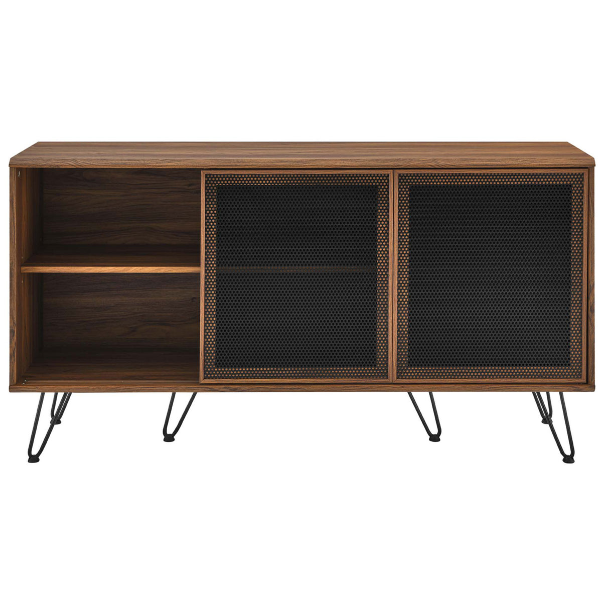 Sideboard with left shelving exposed behind a sliding black mesh door for easy-access storage. || EEI-6204-WAL || front_open_studio