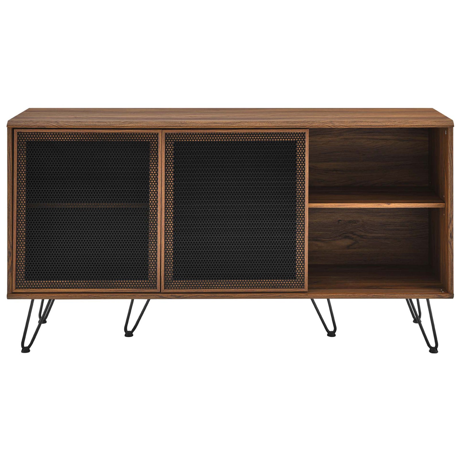 Sideboard with right shelving revealed, showcasing open storage behind smooth sliding mesh doors. || EEI-6204-WAL || front_open_studio