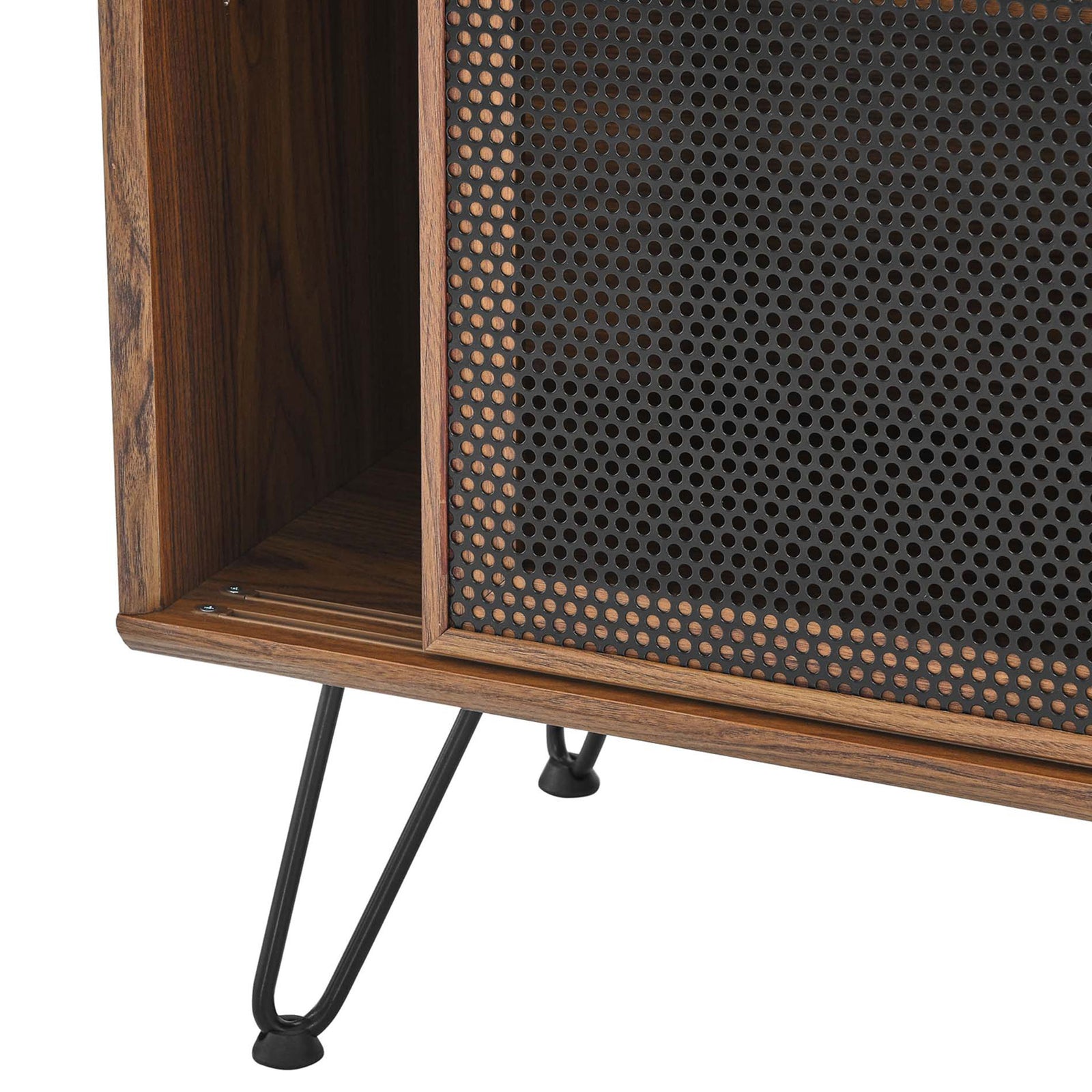 Black hairpin legs and perforated mesh door framed by warm walnut wood grain for added texture. || EEI-6204-WAL || leg_studio