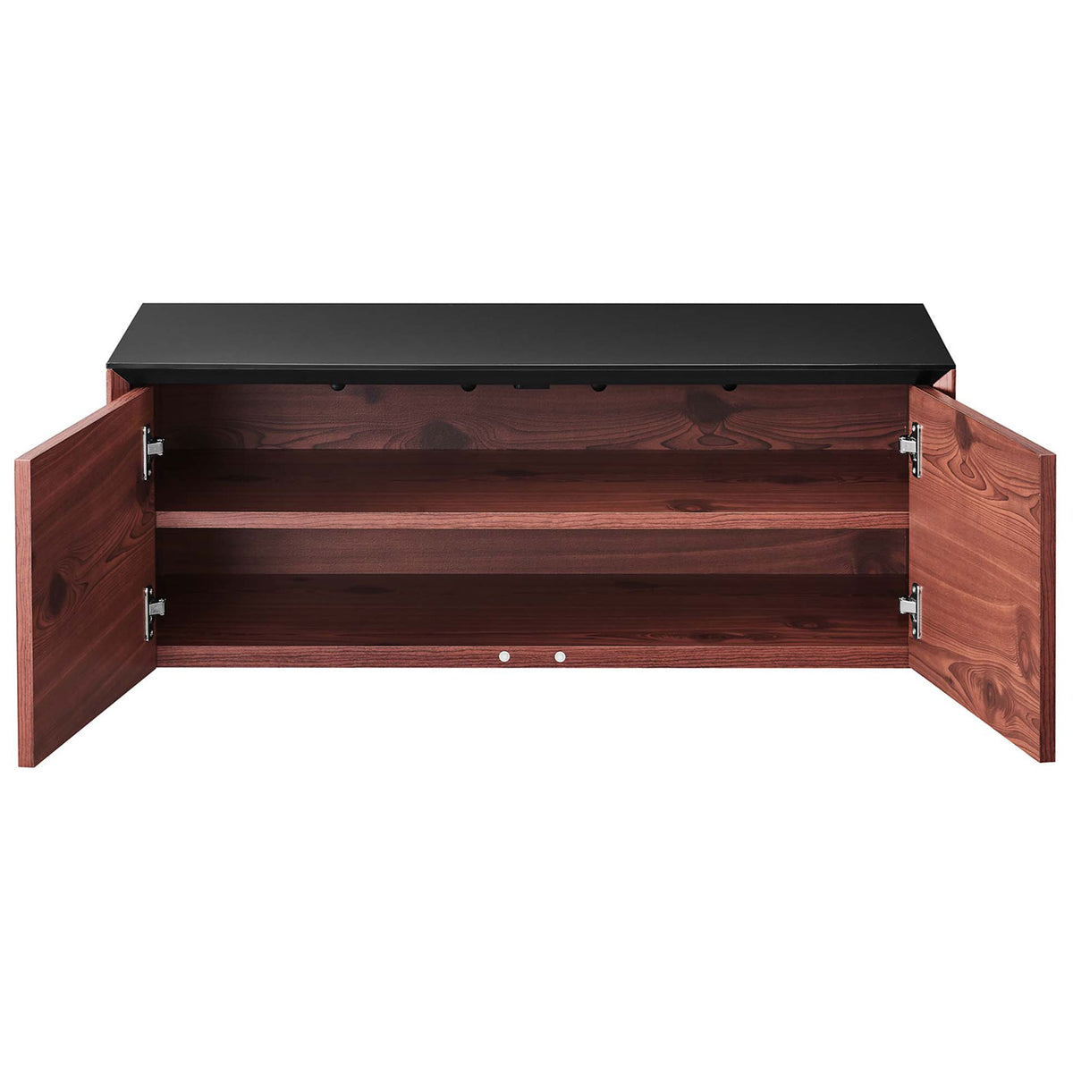 Wall-mount cabinet with double doors open revealing wide interior shelving || EEI-6205-BLK-CHE || front_open_studio