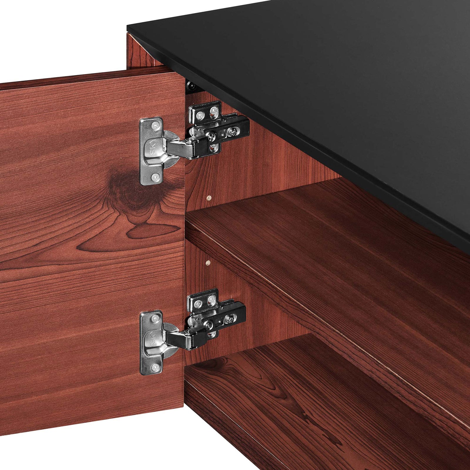 Close-up of cabinet door hinges and shelf edge showing sturdy hardware || EEI-6205-BLK-CHE || detail_studio