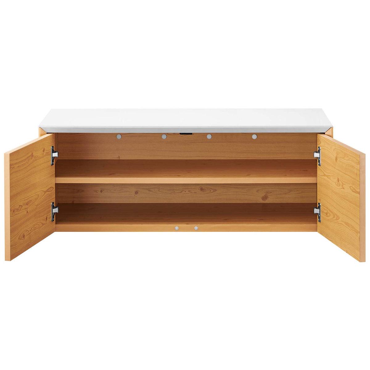 Wall cabinet with both doors open to reveal spacious interior shelves || EEI-6205-WHI-NAT || front_open_studio