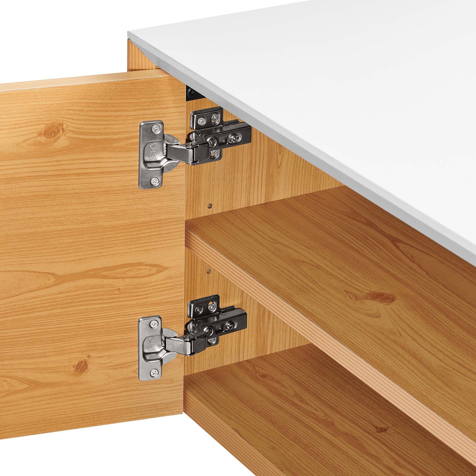 Close-up of cabinet hinges and shelf detail highlighting quality hardware || EEI-6205-WHI-NAT || detail_studio