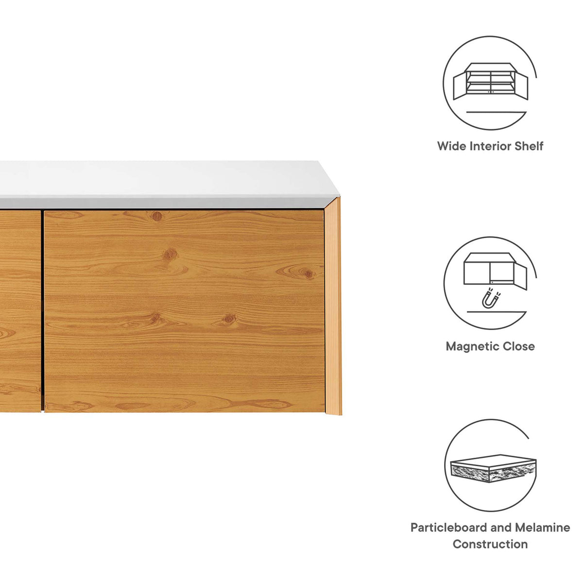 Cabinet feature callouts for wide shelf, magnetic close, and construction || EEI-6205-WHI-NAT || callout_studio