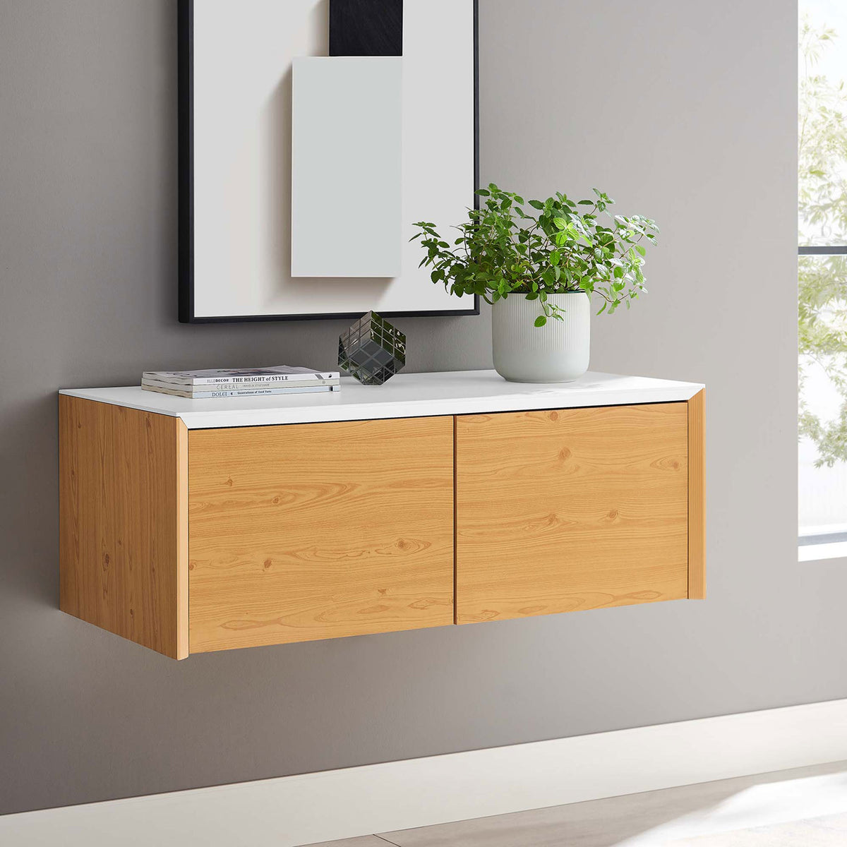 Natural wood and white wall cabinet floating in a bright modern room || EEI-6205-WHI-NAT || front_angle_room