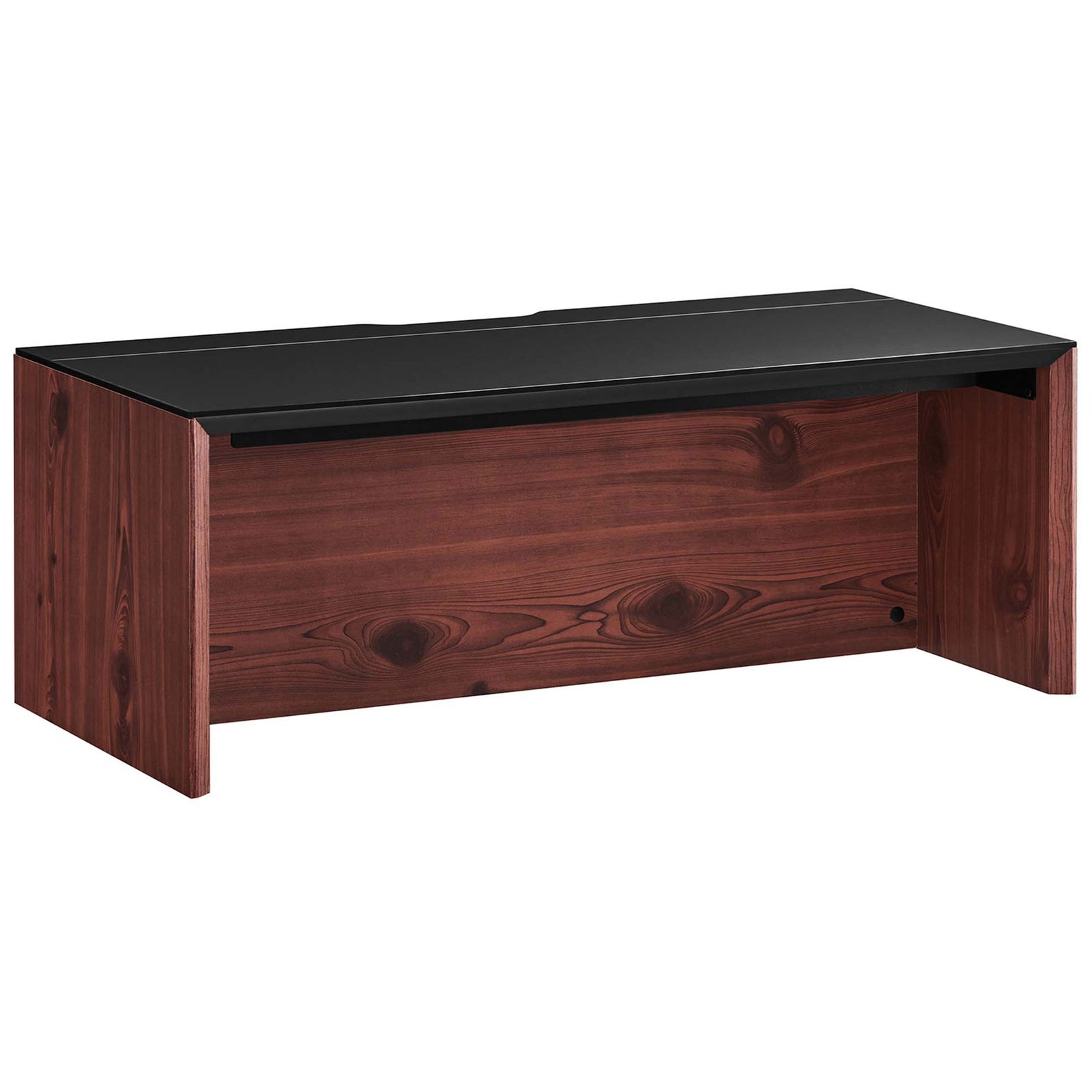 Space-saving floating desk with rich wood grain and a smooth black work surface || EEI-6206-BLK-CHE || front_angle_studio
