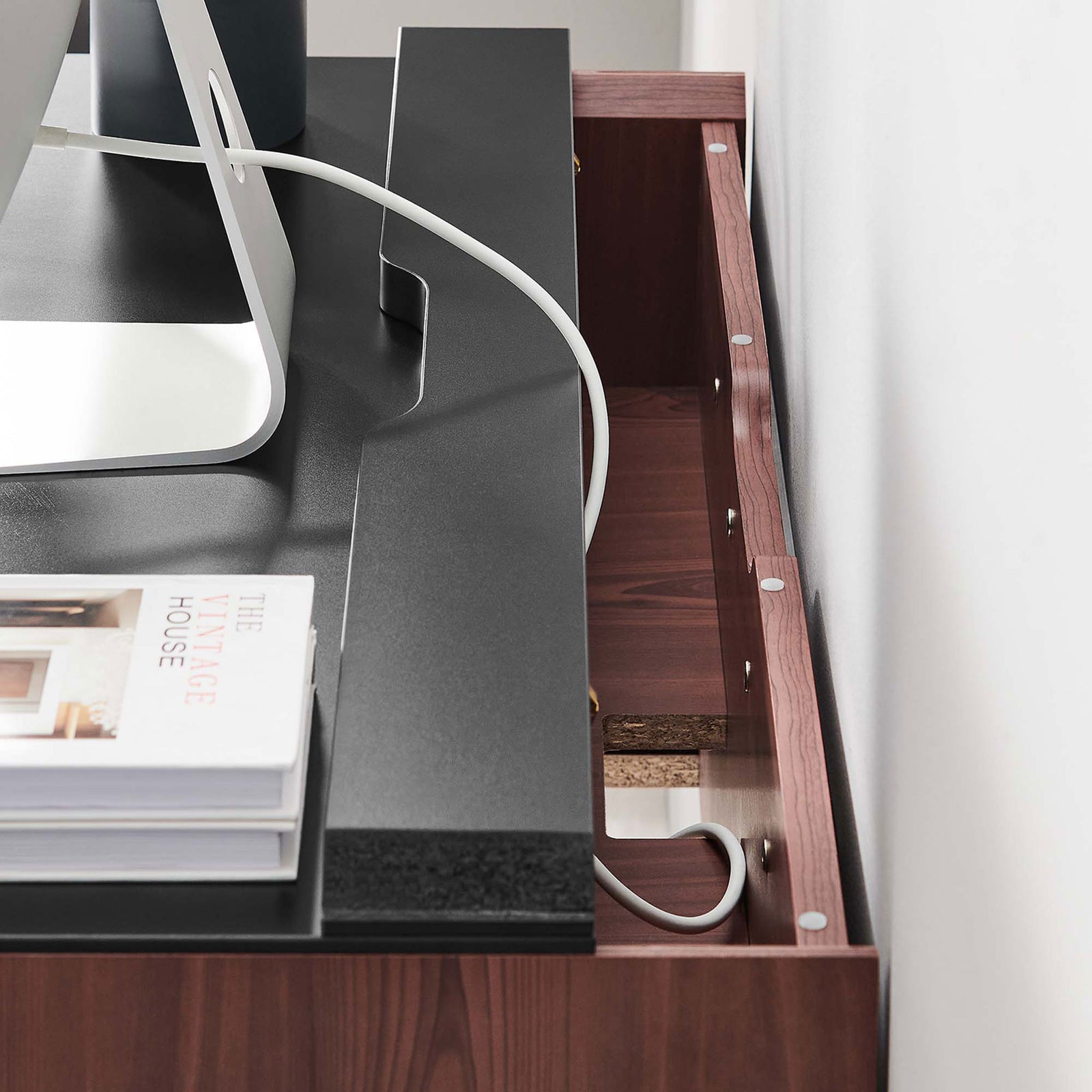 Cable channel keeps cords tidy against the wall for a clutter-free setup || EEI-6206-BLK-CHE || storage_open_room