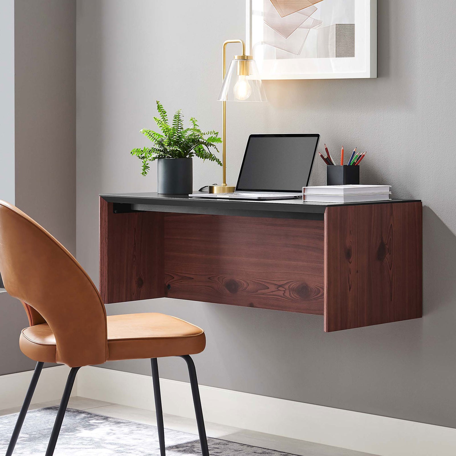 Floating desk styled in a modern home office for a clean, uncluttered workspace || EEI-6206-BLK-CHE || front_angle_room