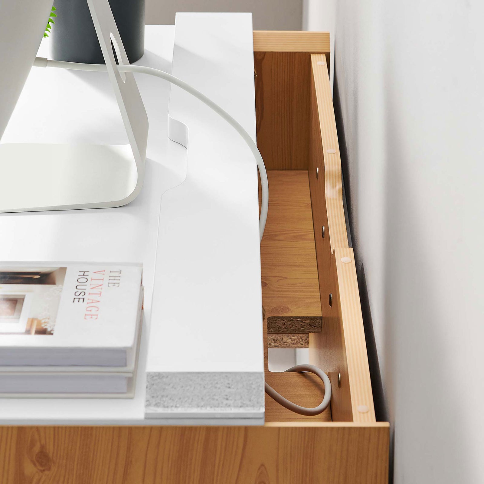 Integrated cord channel guides cables neatly for a clutter-free setup. || EEI-6206-WHI-NAT || storage_open_room