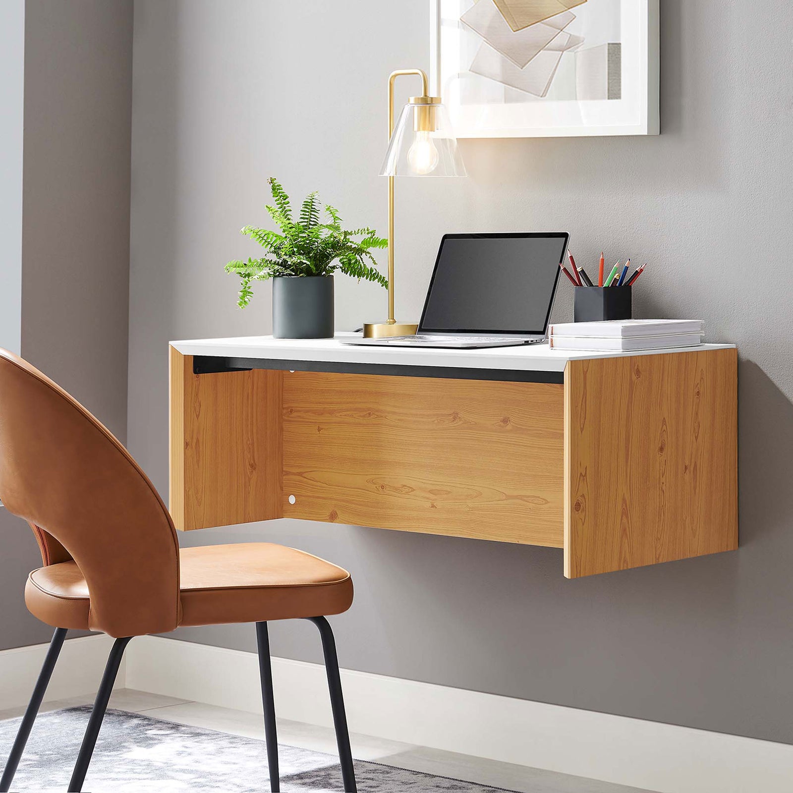 Stylish wall desk creates a tidy workstation with room for decor and essentials. || EEI-6206-WHI-NAT || front_angle_room