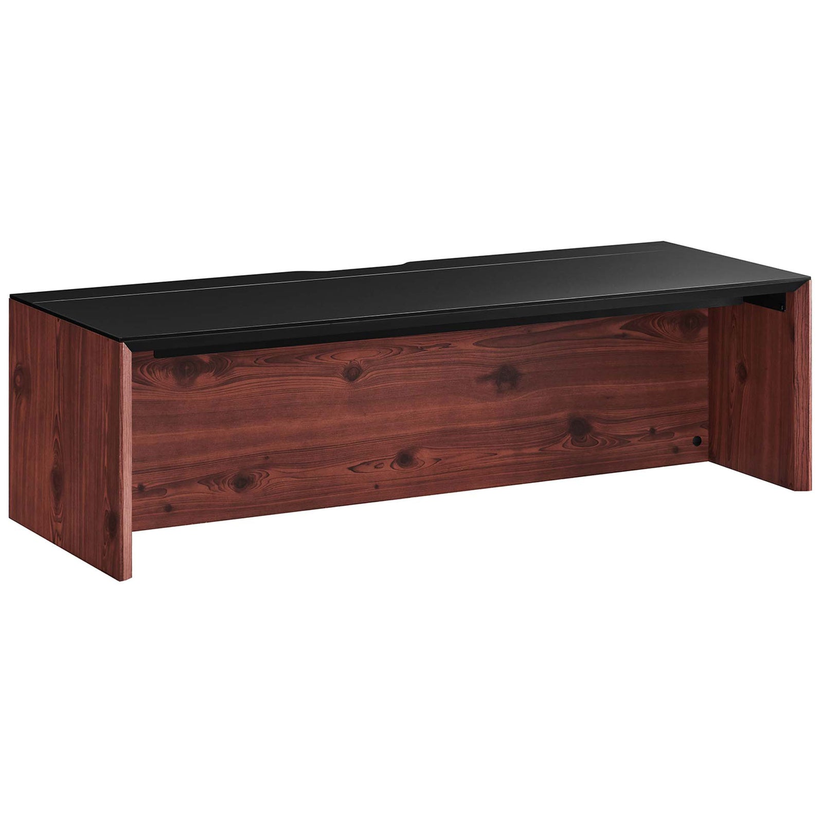Streamlined floating desk with rich wood grain and a spacious black surface || EEI-6207-BLK-CHE || front_angle_studio