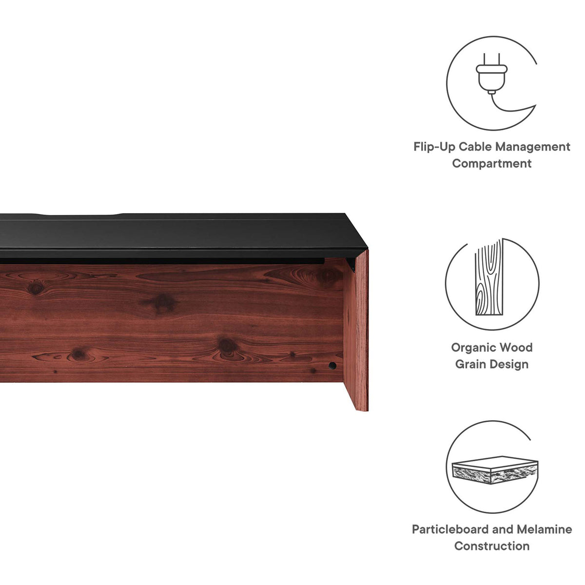 Flip-up cable access, natural wood grain look, and durable particleboard construction || EEI-6207-BLK-CHE || callout_studio