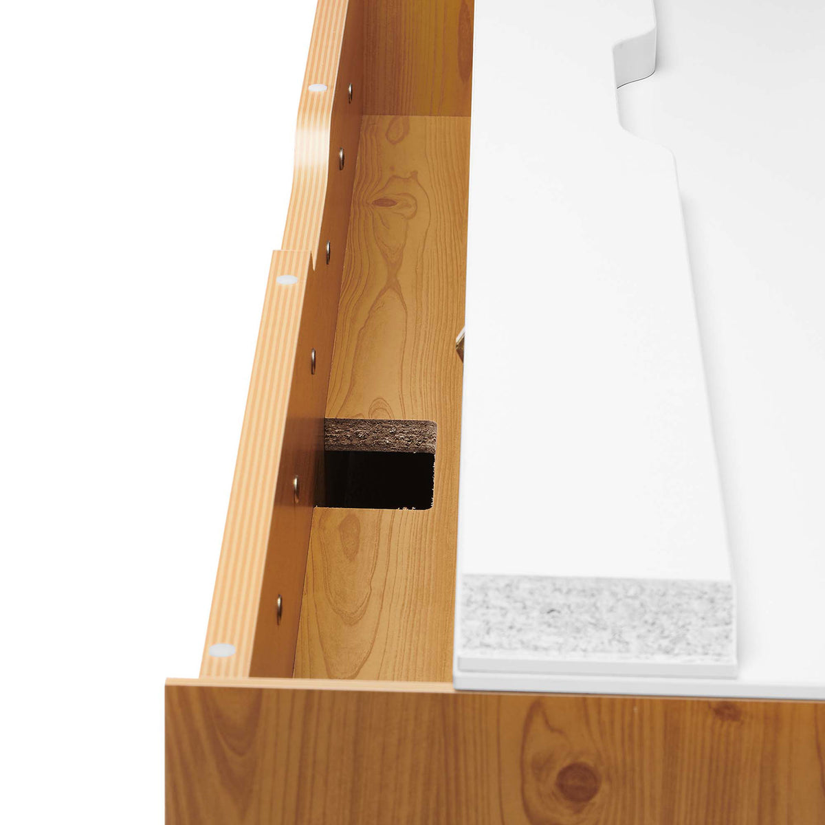 Flip-up compartment offers easy access to cable storage and cord pass-through. || EEI-6207-WHI-NAT || storage_open_studio
