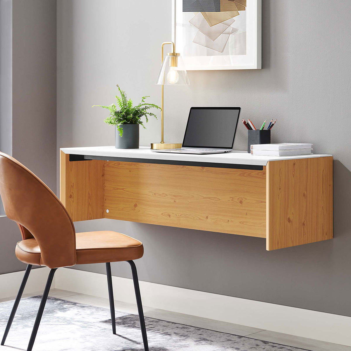 Mounted design creates a clean, floating look with ample room to work. || EEI-6207-WHI-NAT || front_angle_room