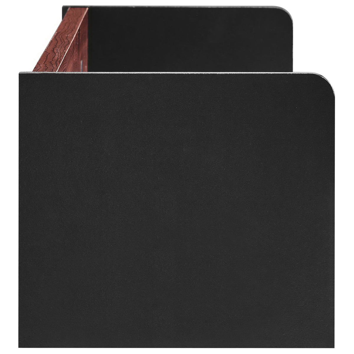 Smooth black end panel of the Kinetic wall shelf showing rounded top edge and durable melamine finish. || EEI-6208-BLK-CHE || detail_studio