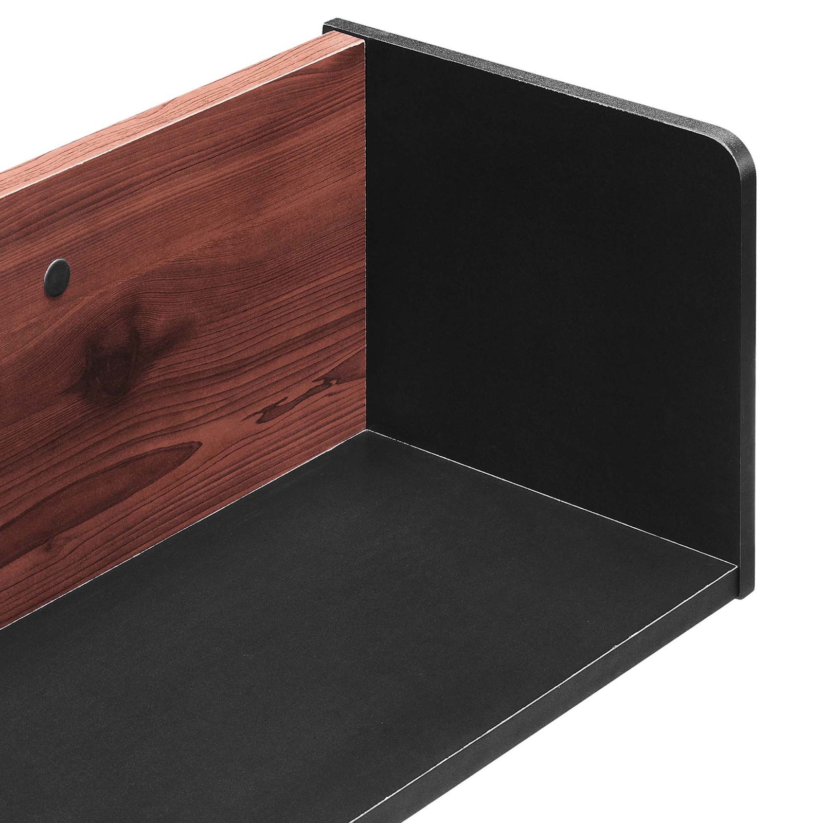 Interior of the Kinetic wall shelf highlighting wood grain back panel, black base, and clean corner joinery. || EEI-6208-BLK-CHE || detail_studio