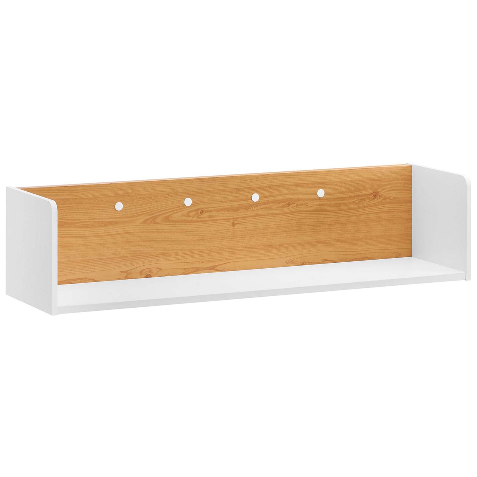 Modern white and natural wall shelf featuring rounded white sides and four circular mounting cutouts. || EEI-6208-WHI-NAT || front_angle_studio