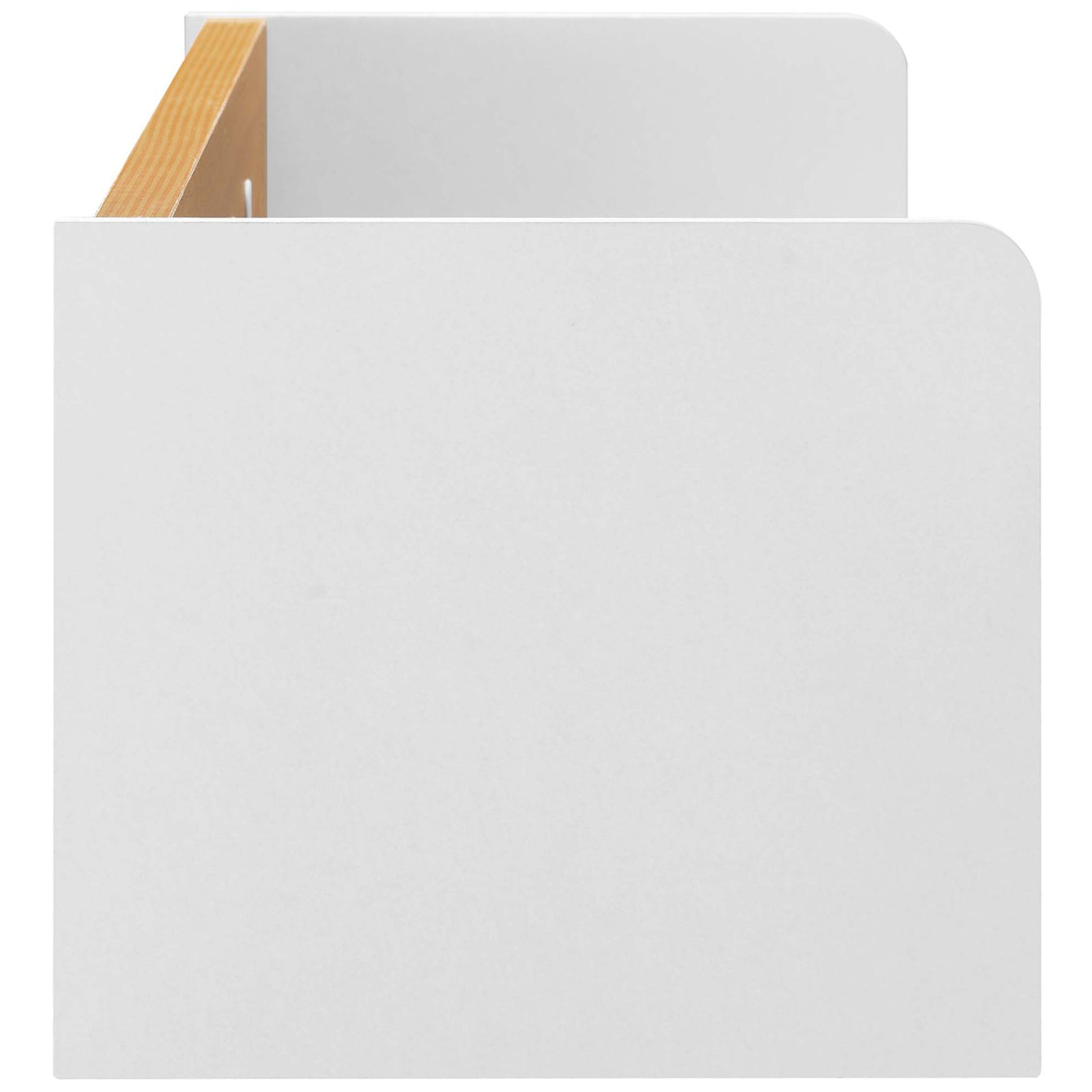 Smooth white end panel of the Kinetic wall shelf with gently rounded corner and crisp finish. || EEI-6208-WHI-NAT || detail_studio
