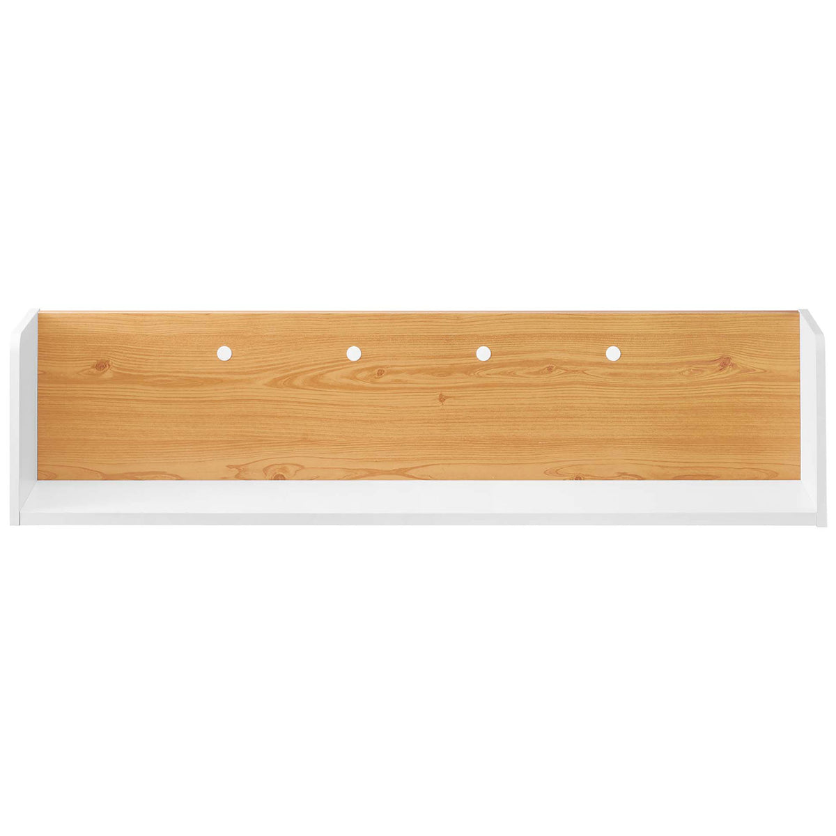 White and natural wood wall-mount shelf with warm grain back panel and wide open display surface. || EEI-6208-WHI-NAT || front_studio