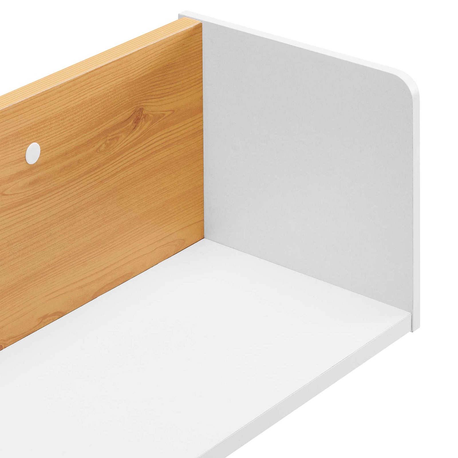 Interior of the Kinetic wall shelf highlighting natural wood back panel, white base, and clean corner construction. || EEI-6208-WHI-NAT || detail_studio