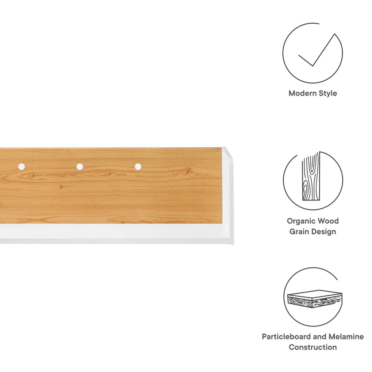 White and natural wall shelf with modern style, wood grain detail, and durable particleboard melamine design. || EEI-6208-WHI-NAT || callout_studio