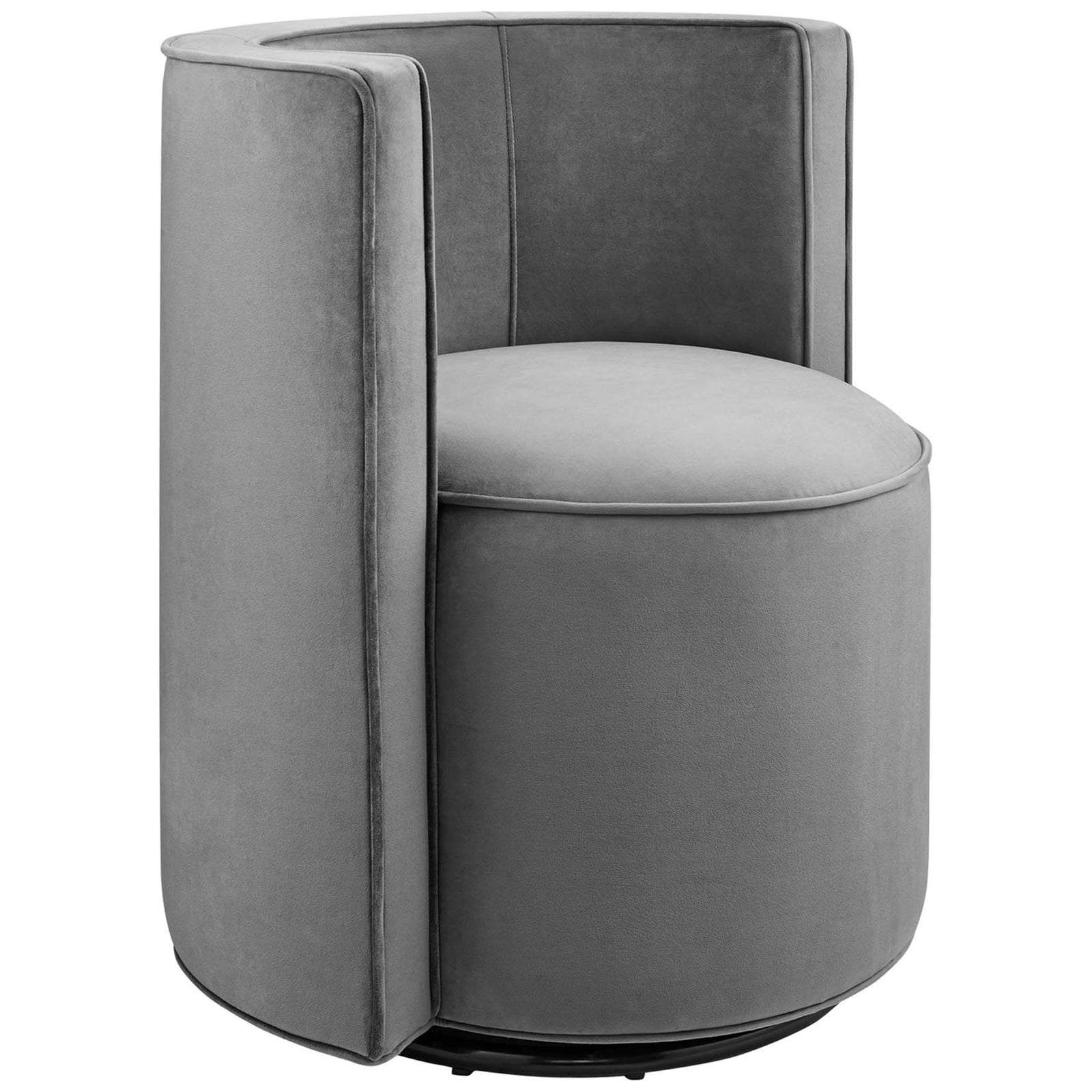 Curved channel-tufted back and tailored piping add elegance to this gray velvet swivel accent chair || EEI-6222-GRY || front_angle_studio
