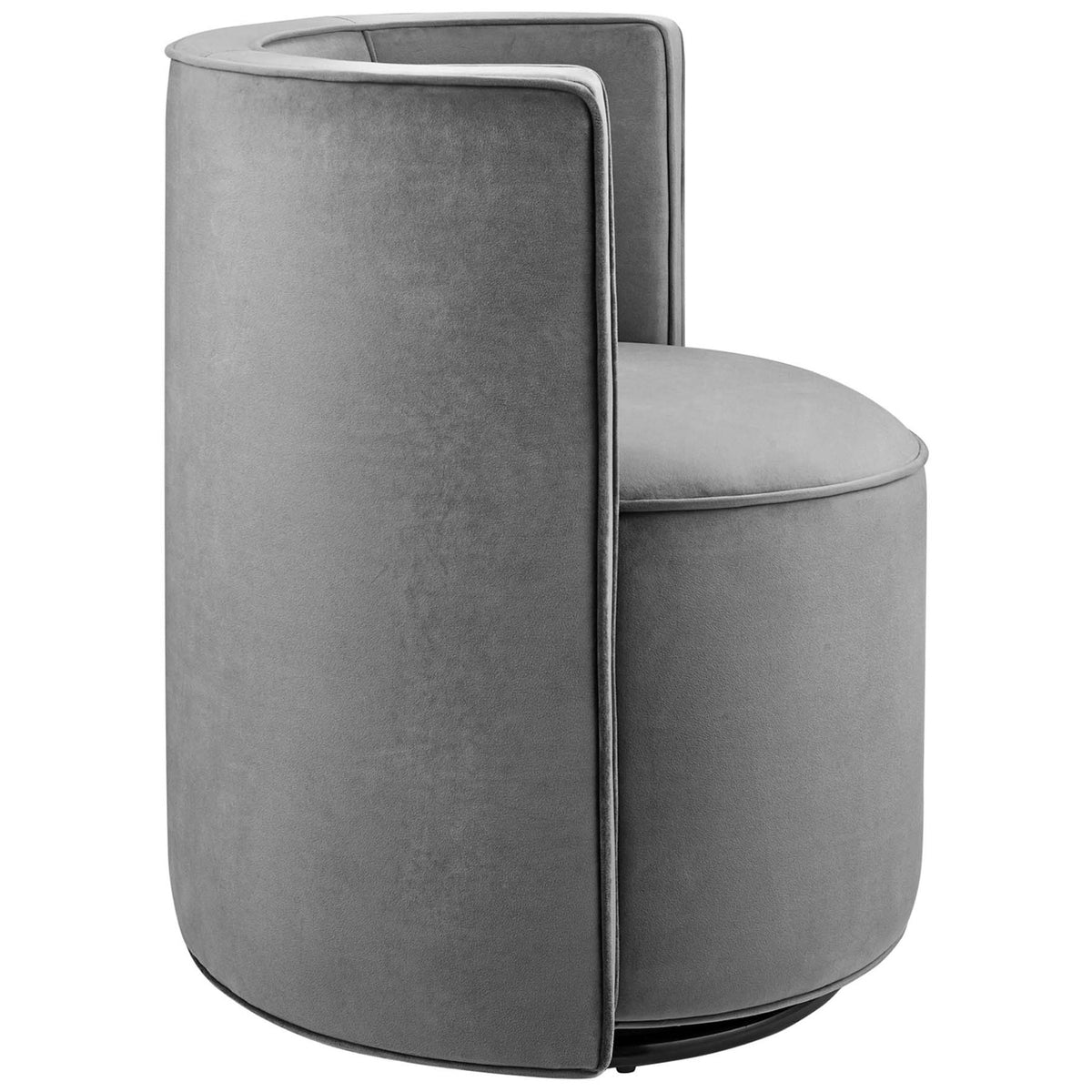 Streamlined barrel silhouette shows off the smooth velvet upholstery and compact footprint || EEI-6222-GRY || side_studio