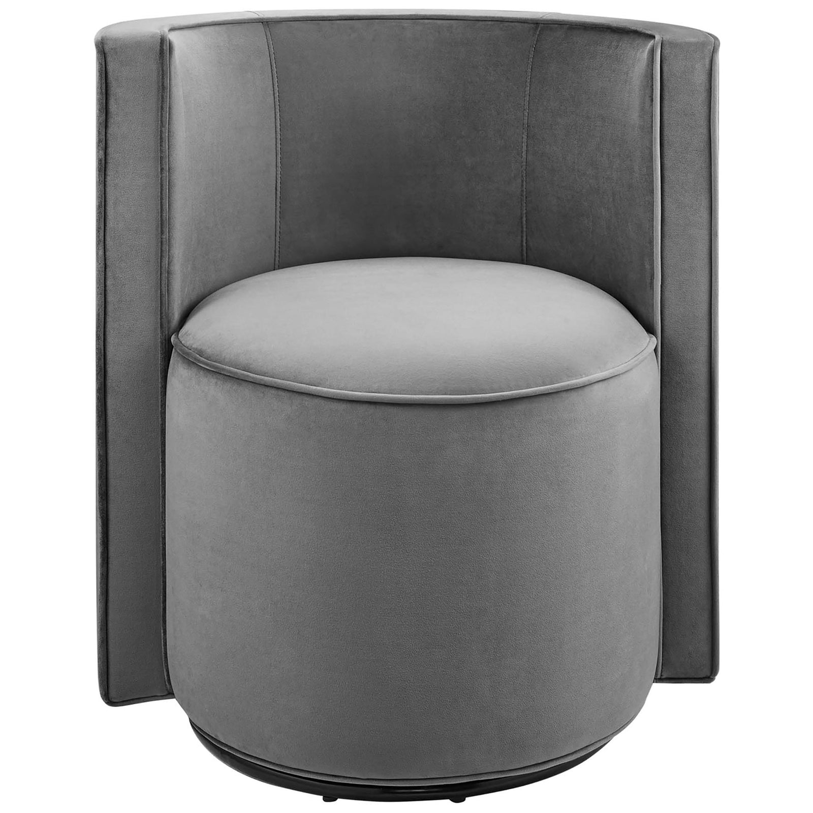 Barrel-back swivel chair in gray performance velvet with French piping and plush, rounded seat || EEI-6222-GRY || front_studio