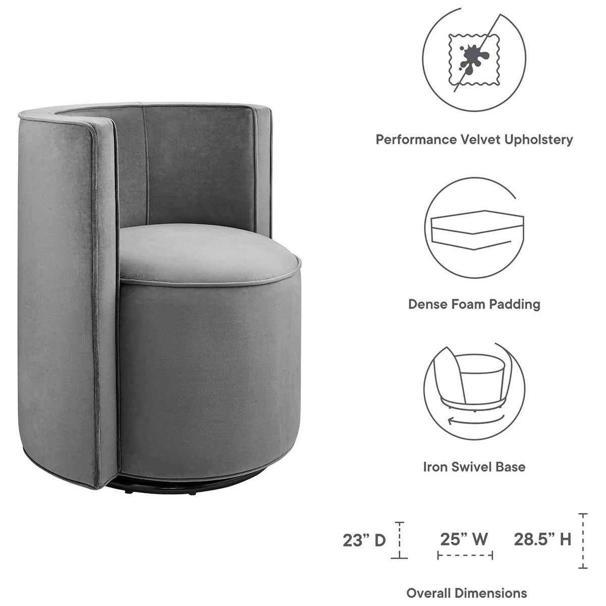 Performance velvet upholstery and dense foam cushioning deliver comfort with lasting appeal || EEI-6222-GRY || callout_studio