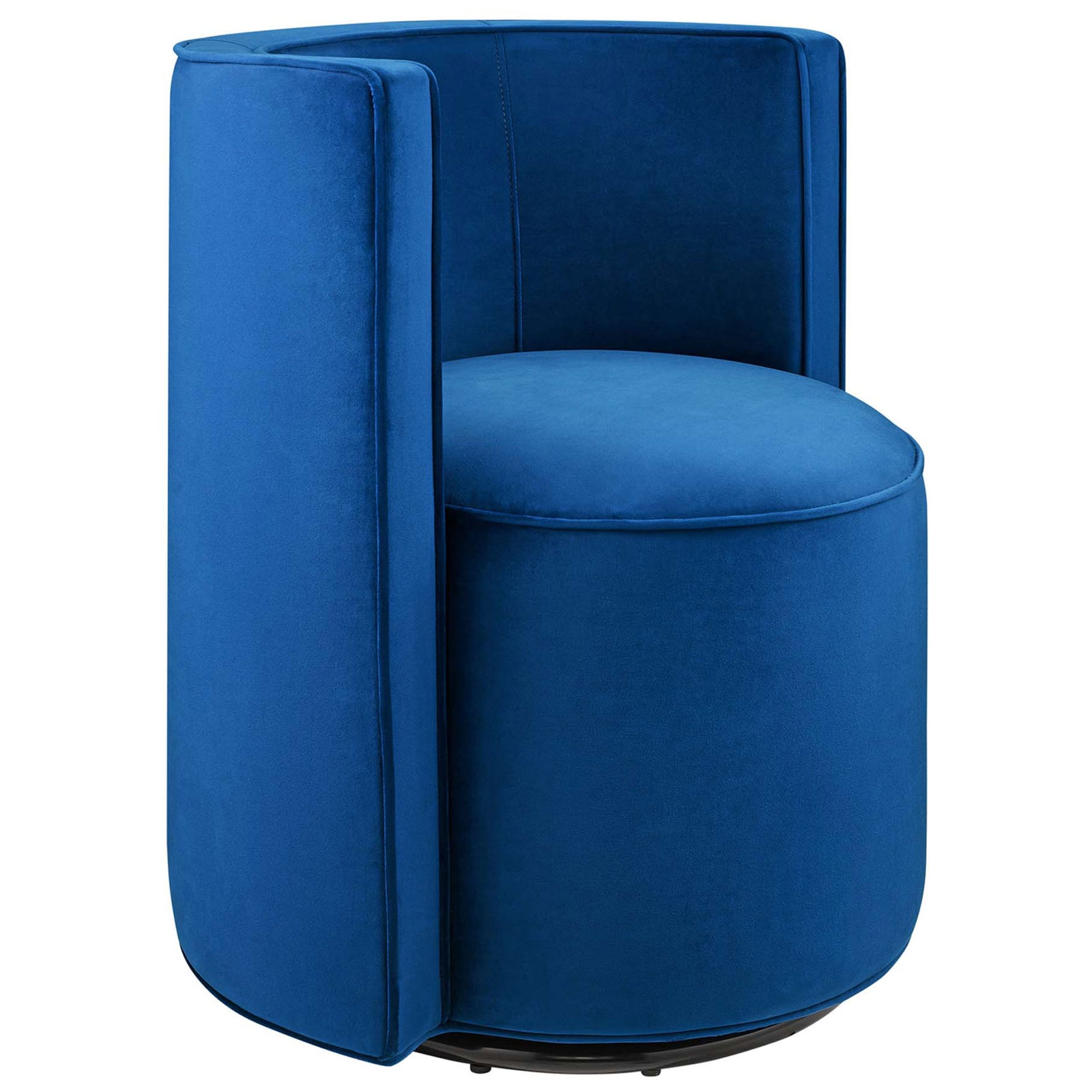 Sleek navy velvet accent chair with wraparound back and plush round cushion on a low-profile swivel base || EEI-6222-NAV || front_angle_studio
