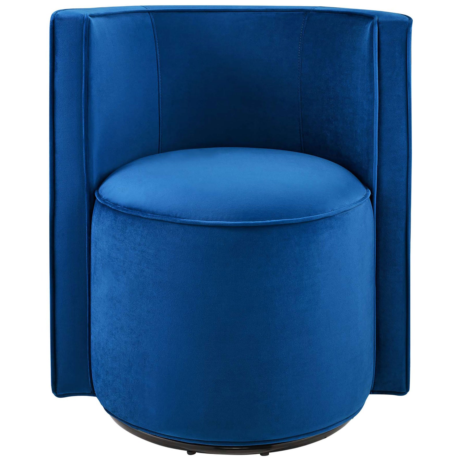 Curved barrel-back swivel chair in navy performance velvet with tailored piping and round seat || EEI-6222-NAV || front_studio