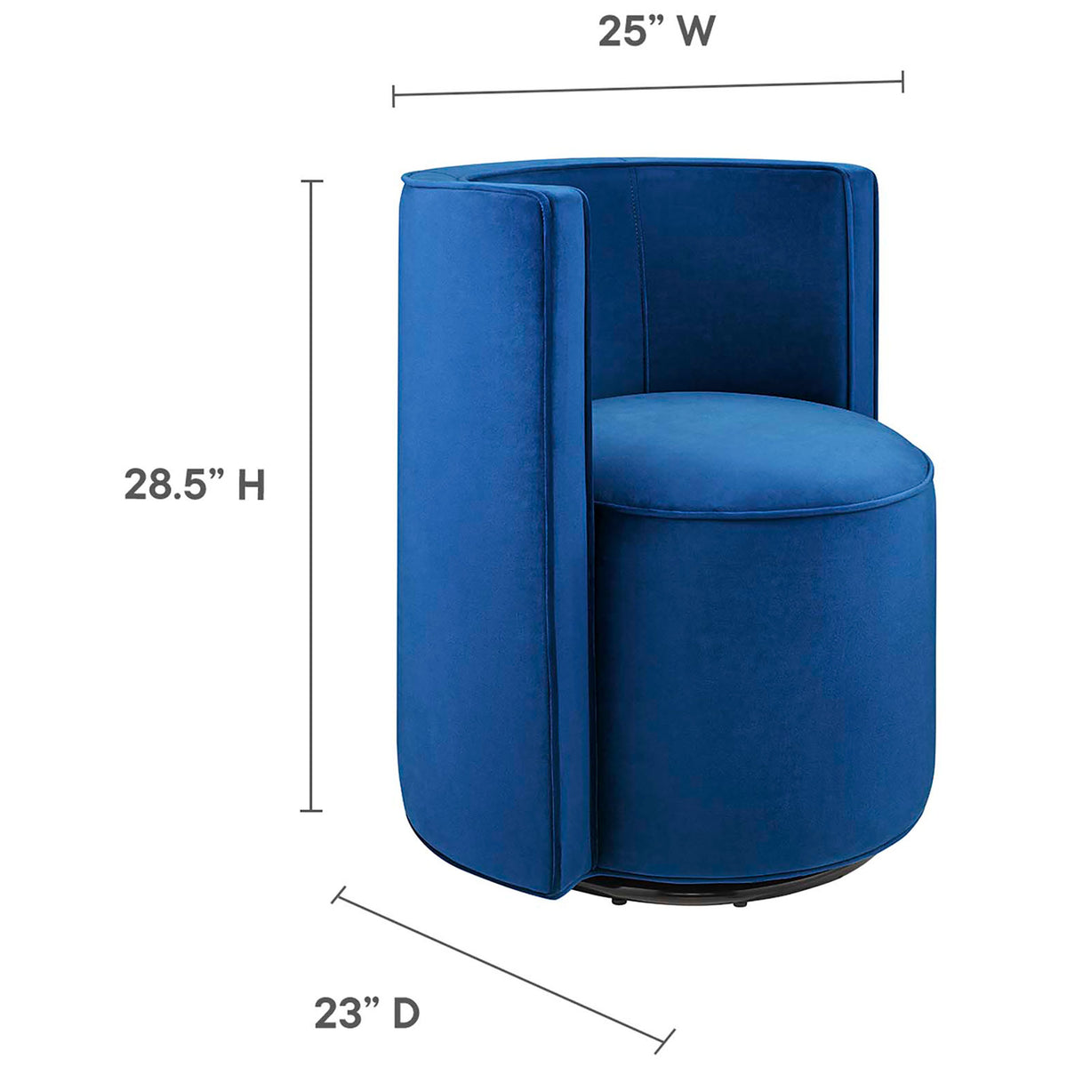 Overall dimensions of the compact swivel chair: 25 in W x 23 in D x 28.5 in H || EEI-6222-NAV || dimension_studio