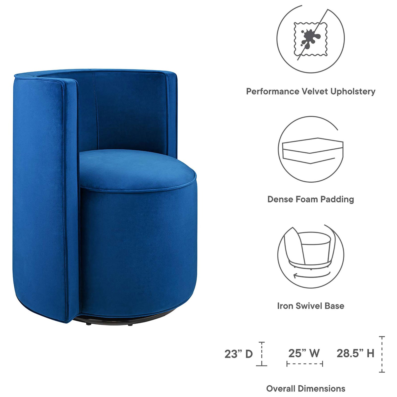 Performance velvet upholstery, dense foam cushioning, and iron swivel base with compact dimensions || EEI-6222-NAV || callout_studio