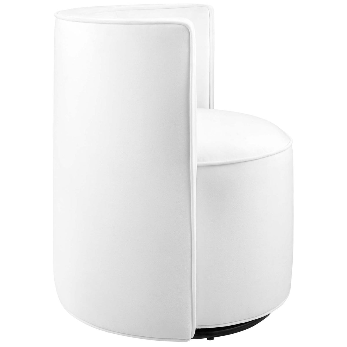 Curved wraparound backrest and smooth white velvet upholstery showcased on a compact swivel accent chair || EEI-6222-WHI || back_angle_studio