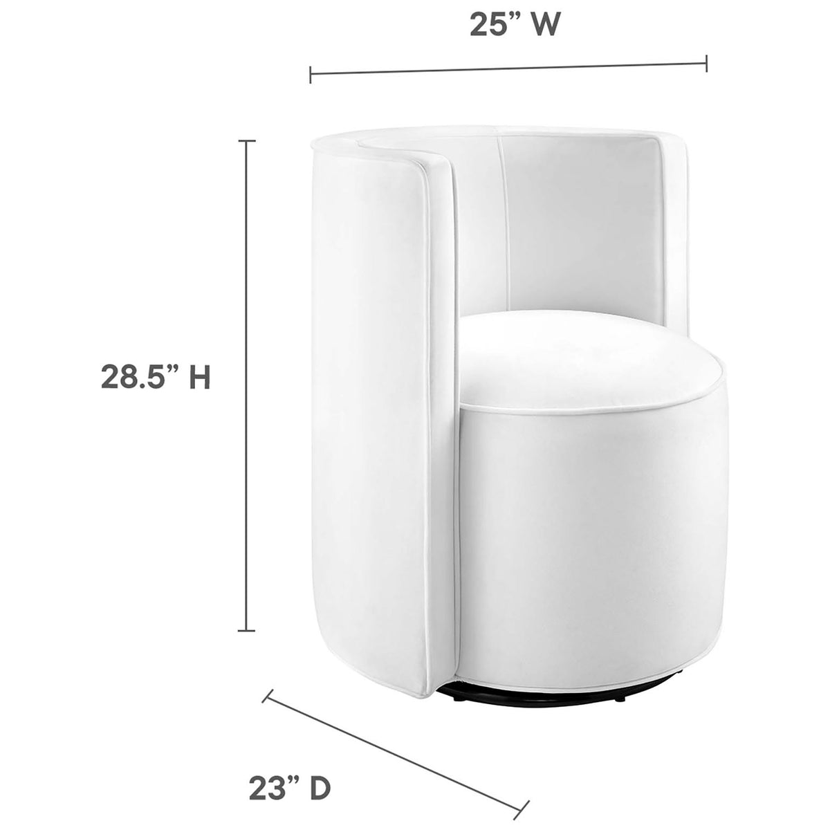 White performance velvet swivel chair with dimensions 23 in deep, 25 in wide, and 28.5 in high || EEI-6222-WHI || dimension_studio