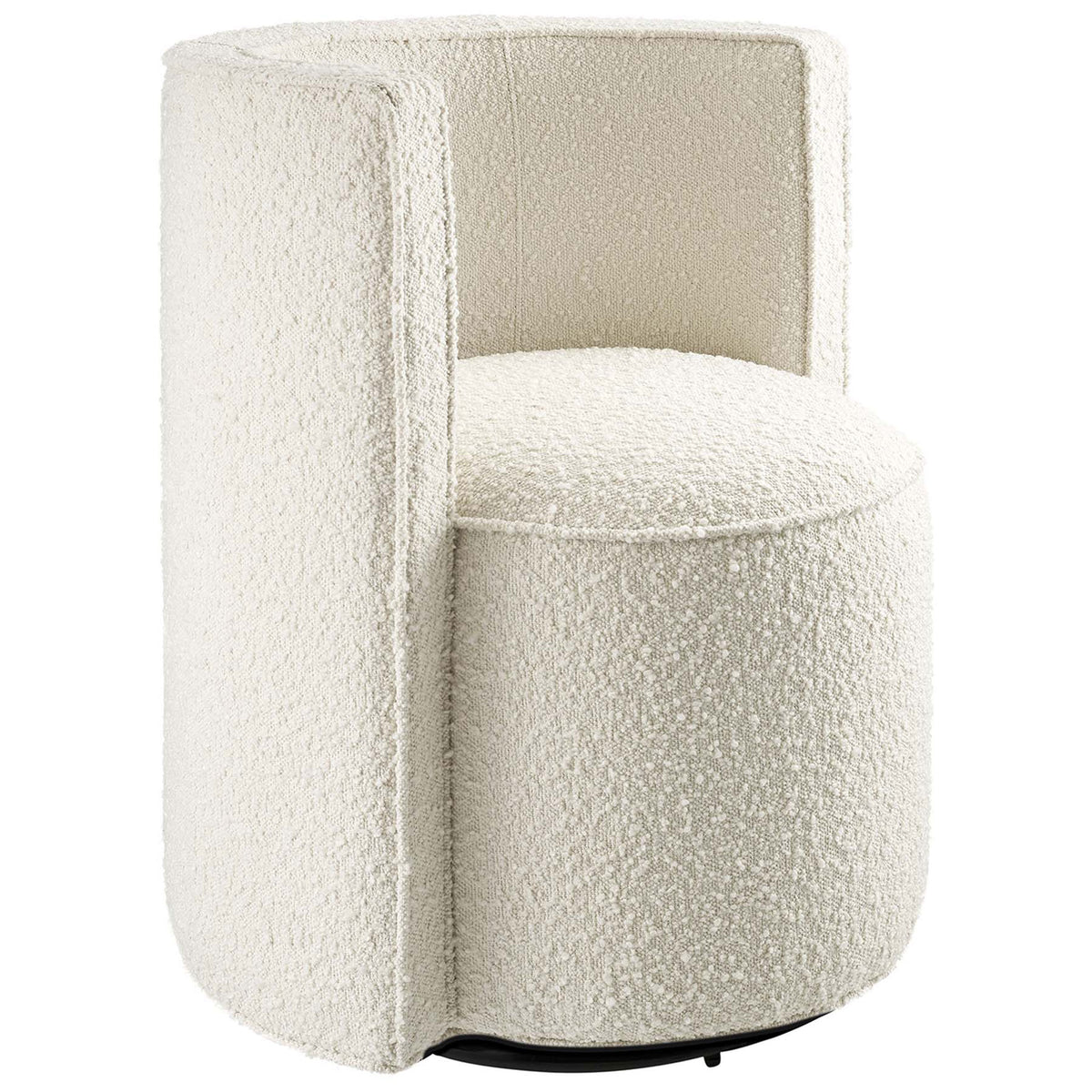 Ivory boucle swivel chair with a tailored barrel back and French piping for a modern, cozy look. || EEI-6223-IVO || front_angle_studio